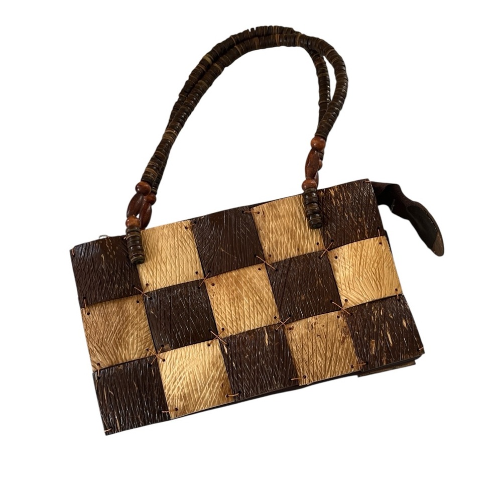 Vintage wooden checkered handbag brown natural beaded handles fully lined - Picture 3 of 11